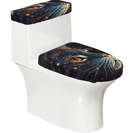 Cat Face Starry Cute Kitty 2-Piece Elastic Toilet Lid and Tank Cover Set Soft Universal Fit Bathroom Decor Protector