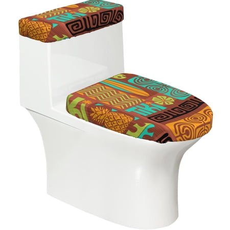 Retro Tiki Tribal Hawaiian 2-Piece Elastic Toilet Lid and Tank Cover Set Soft Universal Fit Bathroom Decor Protector