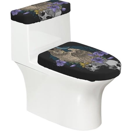 Owl Bird Floral with Skull 2-Piece Elastic Toilet Lid and Tank Cover Set Soft Universal Fit Bathroom Decor Protector