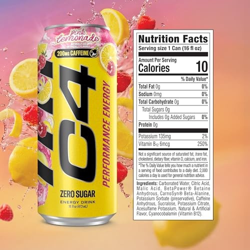 C4 Performance Energy Drink, Pink Lemonade – Zero Sugar Carbonated Pre-Workout Energy, 200mg Caffeine with Beta Alanine, 16 Fl Oz Cans (12 Pack) thumbnail