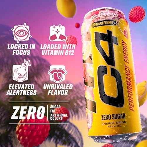 C4 Performance Energy Drink, Pink Lemonade – Zero Sugar Carbonated Pre-Workout Energy, 200mg Caffeine with Beta Alanine, 16 Fl Oz Cans (12 Pack) thumbnail