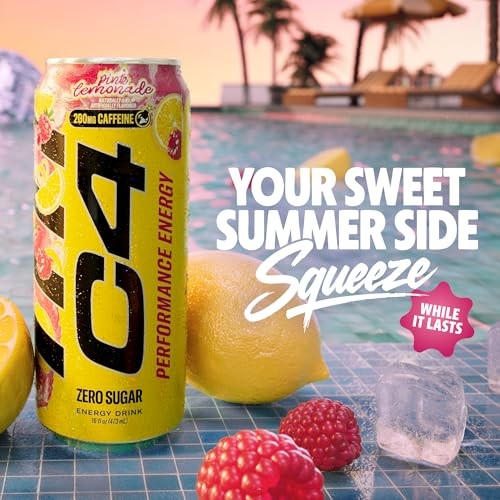 C4 Performance Energy Drink, Pink Lemonade – Zero Sugar Carbonated Pre-Workout Energy, 200mg Caffeine with Beta Alanine, 16 Fl Oz Cans (12 Pack) thumbnail