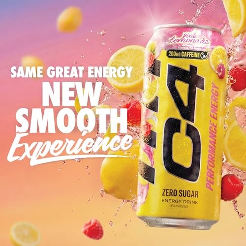C4 Performance Energy Drink, Pink Lemonade – Zero Sugar Carbonated Pre-Workout Energy, 200mg Caffeine with Beta Alanine, 16 Fl Oz Cans (12 Pack) thumbnail