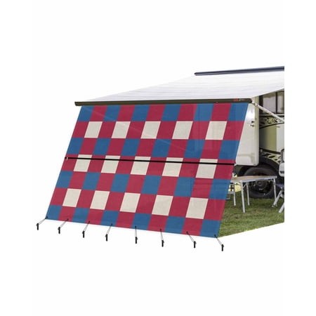 4th of July RV Awning Sun Shade Screen 9 X15.3  Red Blue White Buffalo Plaid Mesh Sunscreen Patriotic Linen Awning Shade Screen with Zipper UV Blocker
