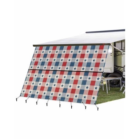 4th of July RV Awning Sun Shade Screen 9 X15.3  Patriotic Stars Check Mesh Sunscreen Blue and Red Buffalo Plaid Awning Shade Screen with Zipper UV Blo