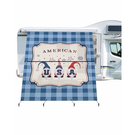 4th of July RV Awning Sun Shade Screen 9 X7  USA Stars Gnomes Mesh Sunscreen Buffalo Plaid Blue Check Awning Shade Screen with Zipper UV Blocker Compl
