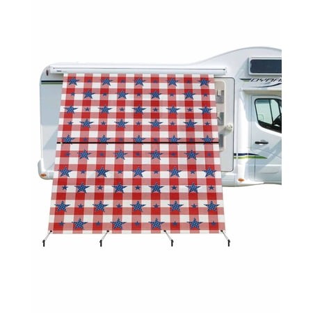4th of July RV Awning Sun Shade Screen 9 X7  Blue Stars Check Mesh Sunscreen Red and White Buffalo Plaid Awning Shade Screen with Zipper UV Blocker Co