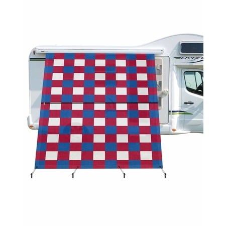 4th of July RV Awning Sun Shade Screen 9 X7  Red Blue White Buffalo Plaid Mesh Sunscreen Patriotic Check Awning Shade Screen with Zipper UV Blocker Co