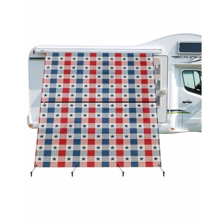 4th of July RV Awning Sun Shade Screen 9 X7  Patriotic Stars Check Mesh Sunscreen Blue and Red Buffalo Plaid Awning Shade Screen with Zipper UV Blocke
