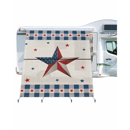 4th of July RV Awning Sun Shade Screen 9 X7  Star American Flag Mesh Sunscreen Blue Red Buffalo Plaid Awning Shade Screen with Zipper UV Blocker Compl