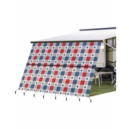 4th of July RV Awning Sun Shade Screen 9 X15.3  Blue and Red Buffalo Plaid Mesh Sunscreen Patriotic Stars Check Awning Shade Screen with Zipper UV Blo