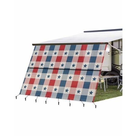 4th of July RV Awning Sun Shade Screen 9 X15.3  Patriotic Stars Checkered Mesh Sunscreen Blue and Red Buffalo Plaid Awning Shade Screen with Zipper UV