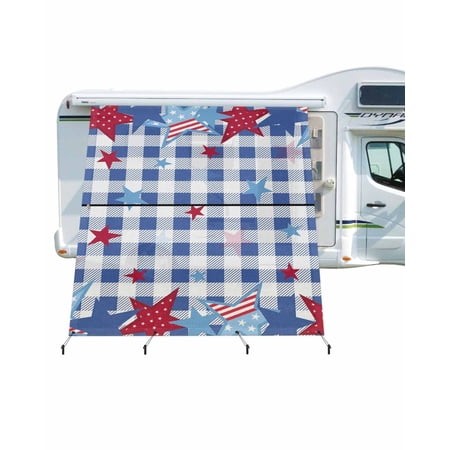 4th of July RV Awning Sun Shade Screen 9 X7  Patriotic Stars Mesh Sunscreen Buffalo Check Blue Plaid Awning Shade Screen with Zipper UV Blocker Comple