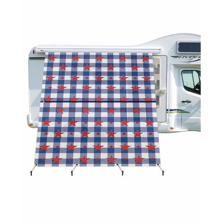 4th of July RV Awning Sun Shade Screen 9 X7  Red Stars Blue Plaid Mesh Sunscreen Buffalo Check Awning Shade Screen with Zipper UV Blocker Completed Ki