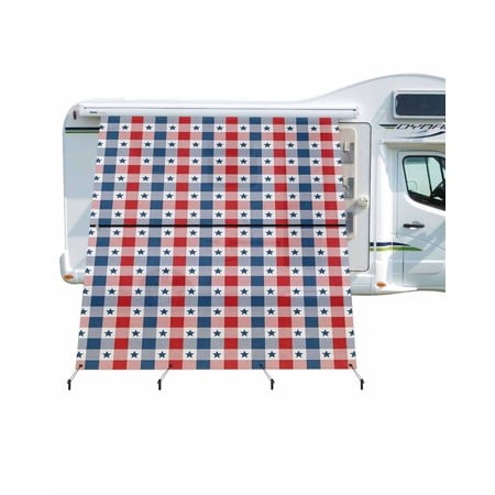 4th of July RV Awning Sun Shade Screen 9 X7  Blue and Red Buffalo Plaid Mesh Sunscreen Patriotic Stars Check Awning Shade Screen with Zipper UV Blocke