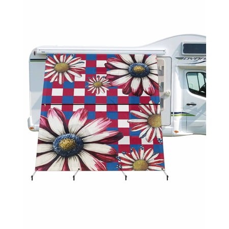 4th of July RV Awning Sun Shade Screen 9 X7  Patriotic Daisy Mesh Sunscreen Red Blue White Buffalo Plaid Awning Shade Screen with Zipper UV Blocker Co