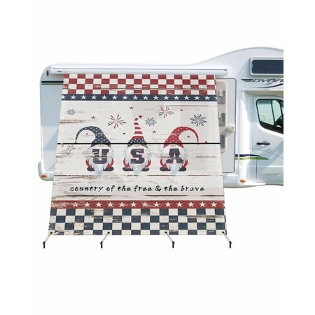 4th of July RV Awning Sun Shade Screen 9 X7  Vintage Cute Gnomes Mesh Sunscreen Star Buffalo Check Plaid Red Blue Awning Shade Screen with Zipper UV B