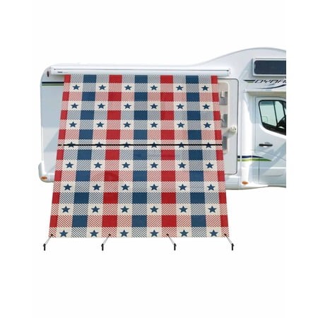 4th of July RV Awning Sun Shade Screen 9 X7  Patriotic Stars Checkered Mesh Sunscreen Blue and Red Buffalo Plaid Awning Shade Screen with Zipper UV Bl