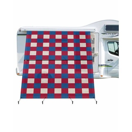 4th of July RV Awning Sun Shade Screen 9 X7  Red Blue White Buffalo Plaid Mesh Sunscreen Patriotic Linen Awning Shade Screen with Zipper UV Blocker Co