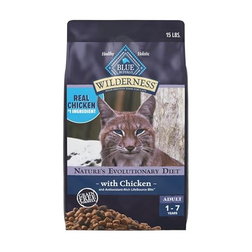 Blue Buffalo Wilderness High Protein Grain Free Dry Food for Adult Cats, 40% Protein, with Chicken, 15 Lb. Bag
