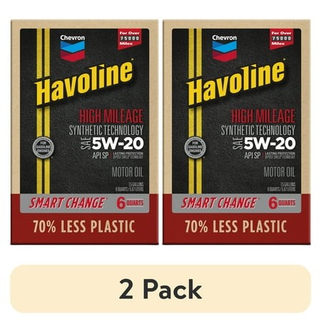(2 Pack) Chevron Havoline High Mileage Synthetic Technology Motor Oil 5W-20  6 Quart Smart Change Box