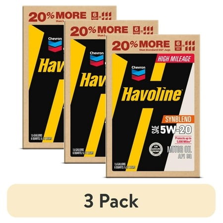 (3 Pack) Chevron Havoline High Mileage Synthetic Technology Motor Oil 5W-20  6 Quart Smart Change Box