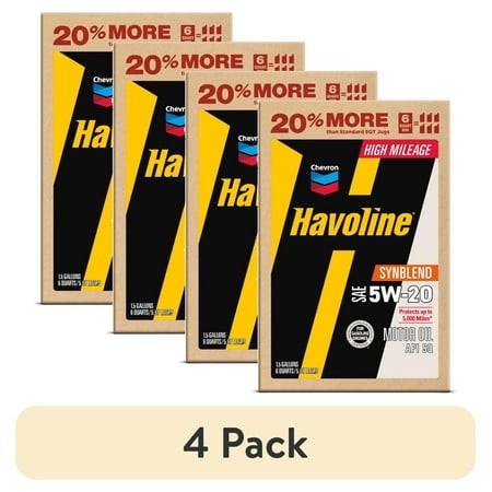 (4 Pack) Chevron Havoline High Mileage Synthetic Technology Motor Oil 5W-20  6 Quart Smart Change Box