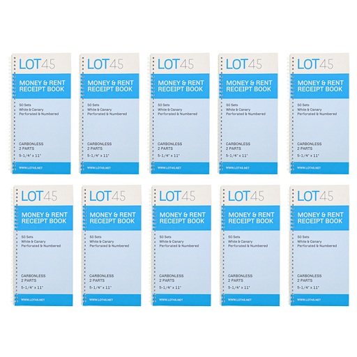 Lot45 Money Rent Receipt Book 10 Piece Set - 5x11in - 2 Part Carbonless Books