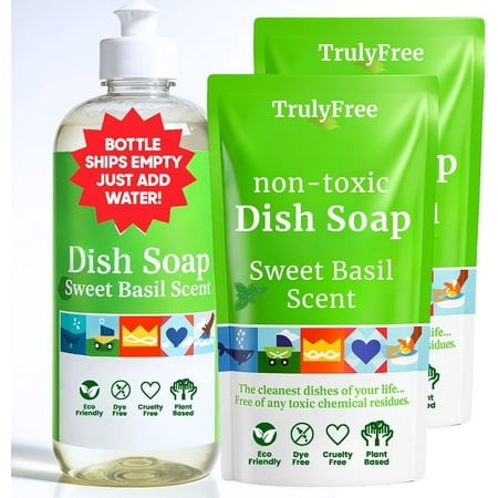 Non Toxic Dish Soap Kit | Natural Concentrated - Sweet Basil Scent | Organic Plant-Based | Family Safe - Eco-Friendly Formula | 16 Fl Oz