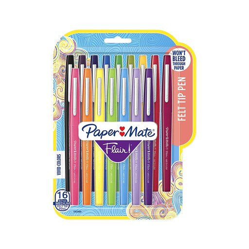 Paper Mate Flair Felt Tip Pens, Medium Point (0.7mm), Assorted Colors, 16 Count