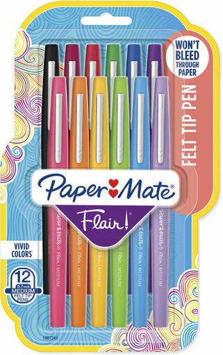 Paper Mate Flair Felt Tip Pens, Medium Point, Assorted Colors, 12 Count