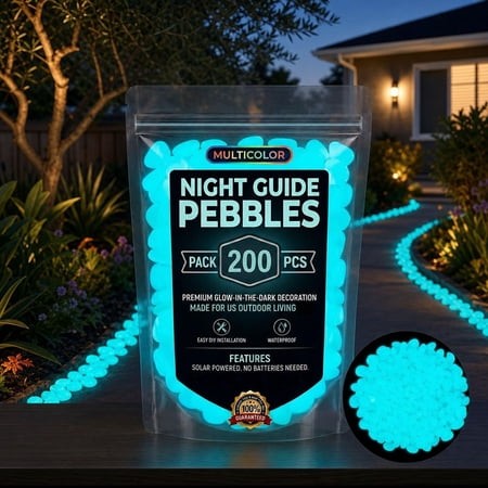 Fuebueo 200 Pcs Glow in the Dark Pebbles  Blue Luminous Stones for Outdoor Walkway  Fish Tank  Garden Path  and Landscaping Decor  Solar Powered Water