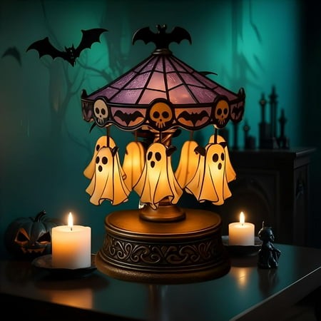XIBUFE 2026 New Ghost Carousel Light Halloween Desk Lamp Stained Glass Circus Tent Night Light with Ghosts Bats Skeletons Vintage Carved Base (Resin) 