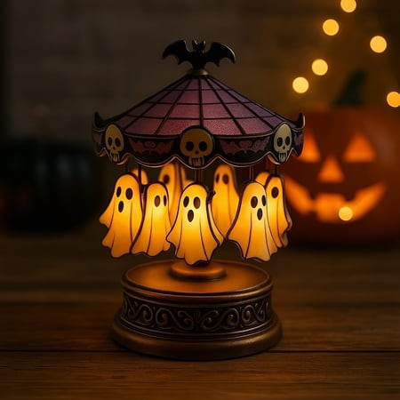 HIBIBUD 2026 New Ghost Spinning Carousel Lamp for Halloween Table Decor Desktop Night Lights Decor for Party Home Office Spooky Rotating Lantern Cente