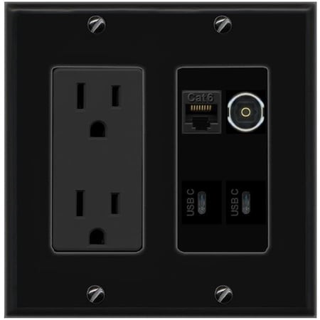 RiteAV CAT6 TOSLINK 2 USBC Wall Plate with 15A Power Outlet [Black]