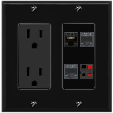RiteAV CAT6 2 Phone Speaker Wall Plate with 15A Power Outlet [Black]
