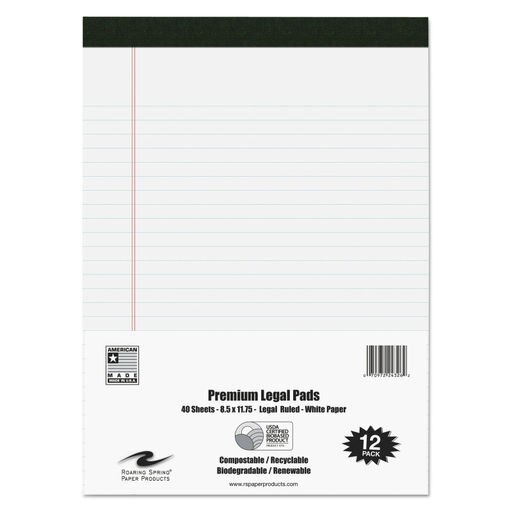 USDA Certified Bio-Preferred Legal Pad, Ruled, Ltr, 40 Sheets, White, 12/Pack