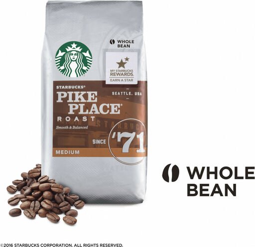 Starbucks Pike Place Roast Medium Roast Whole Bean Coffee, 12-Ounce Bag