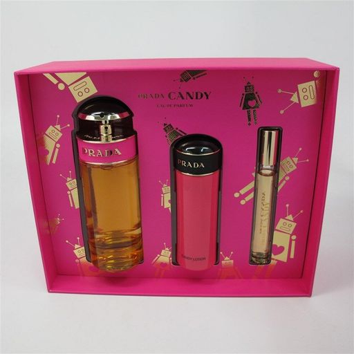 PRADA CANDY by Prada 3 Pc Set: 2.7 Oz EDP Spray, 2.5 Oz Lotion & 0.34 Oz Roll on