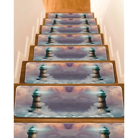 Summer Ocean Stair Treads Brown Bright Lighthouse Sea Wave White Spray Seascape Indoor Non Slip Peel and Stick Stair Treads for Wooden Steps 10 PCS  S