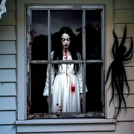 XIBUFE 2026 New Halloween Ghost Window Decal Scary Woman Door Curtain Party Decor-Reusable Hanging Fabric Spooky Atmosphere Creator