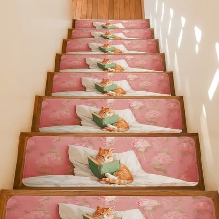 Ginger Cat Stair Treads Non Slip for Steps Boho Rose Pink Flower Patterns Rustic 10 Pcs Reusable Adhesive Stair Runner Mats for Dogs Elders Carpet Tre