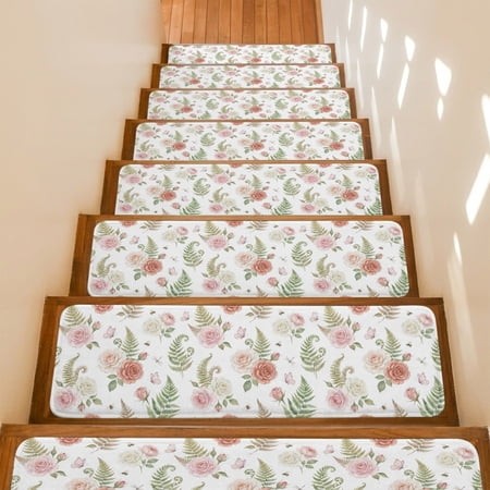 Red Pink Roses Stair Treads Non Slip for Steps Vintage Pink Red Floral Ferns Leaf 7 Pcs Reusable Adhesive Stair Runner Mats for Dogs Elders Carpet Tre