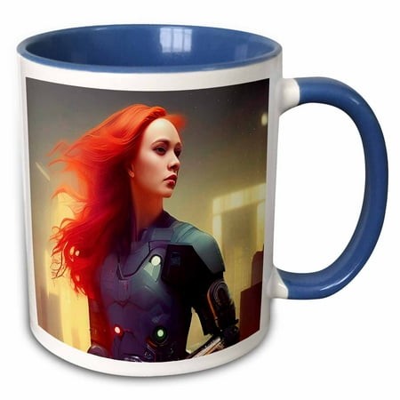 3drose  Pretty Redhead Cyborg Woman in a Special Suit. Fantasy Digital Art  15oz Two-tone Blue Mug