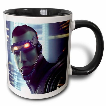 3drose  Classy Cyborg Man in Special Headset in the City at Night Chic Gift  11oz Two-tone Black Mug