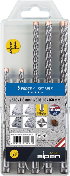 Alpen 0080500005100 DS+ Bit Set 5-Piece SDS-Plus 4-Carbide Edges L