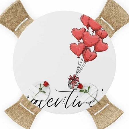 Valentine S Day Round Table Cover  Red Love Heart Balloons Gift Cartoon Modern Waterproof Fitted Tablecloths for 36 -44  Tables  Washable Picnic Table