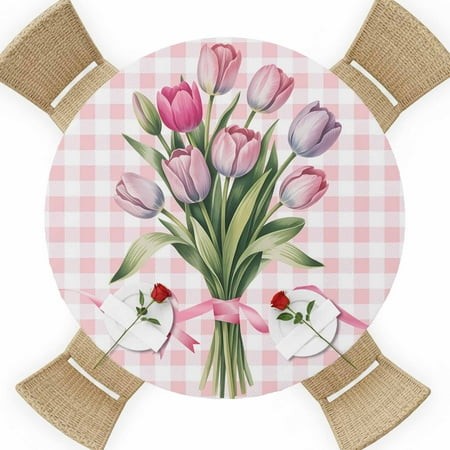 Pastoral Tulips Round Table Cover  Bouquet of Flowers Pink Ribbon Buffalo Plaid Waterproof Fitted Tablecloths for 36 -44  Tables  Washable Picnic Tabl