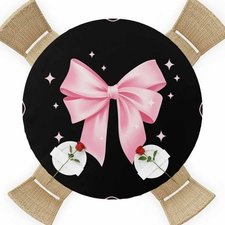 Pink Bow Round Table Cover  Pink Ribbon Day Mother S Day Valentine S Day Black Waterproof Fitted Tablecloths for 36 -44  Tables  Washable Picnic Table