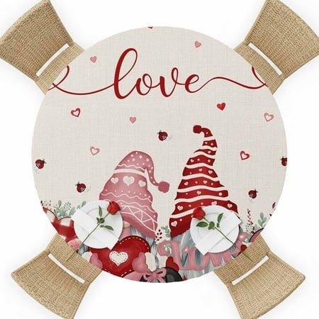 Valentine S Day Round Table Cover  Sweet Gnome Couple Red Pink Love Heart Rose Floral Linen Texture Waterproof Fitted Tablecloths for 36 -44  Tables  